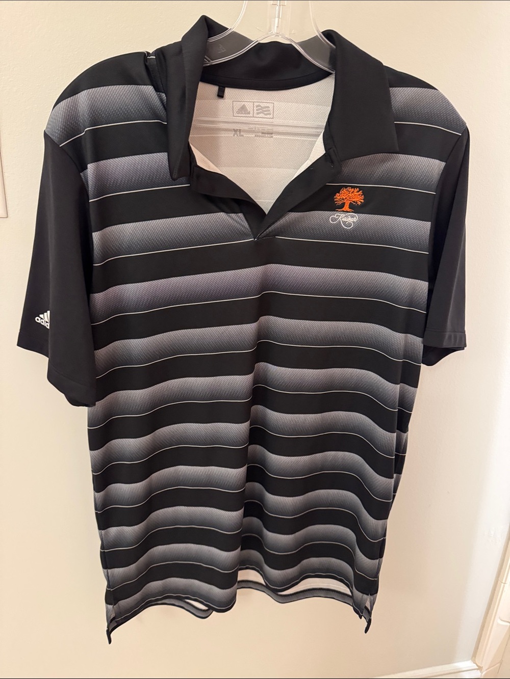 Adidas Boys XL Black & Gray Striped Kiawah Golf Polo with Orange Tree Logo